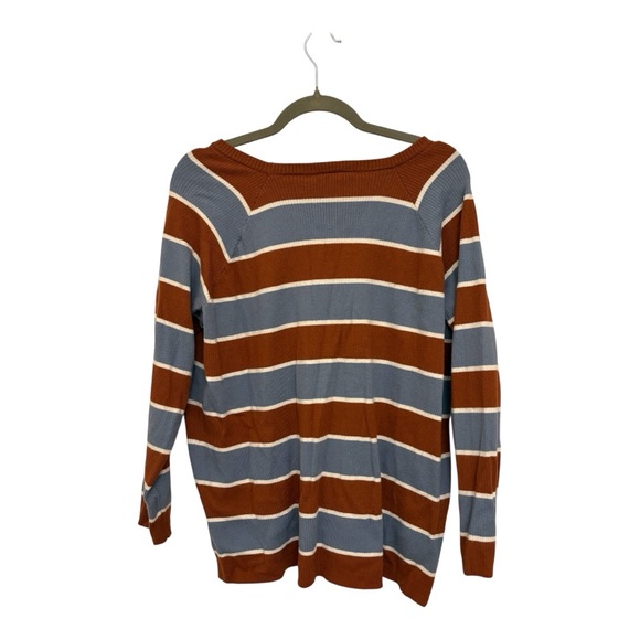 ModCloth Blue Brown Striped Ribbed Sweater | Plus Size 1X Retro Pullover Top - Picture 2 of 7